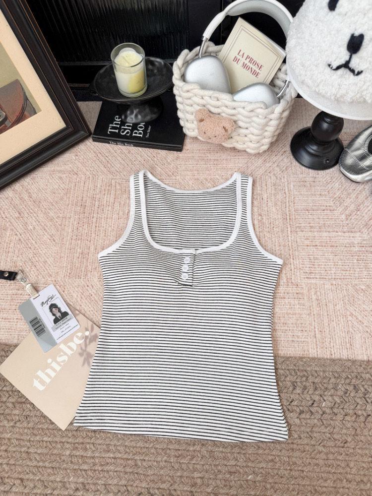 Korean Style Women's Square Neck Vest with Built-in Bra, Retro Stripe Camisole, Slim Fit Spicy Girl Top