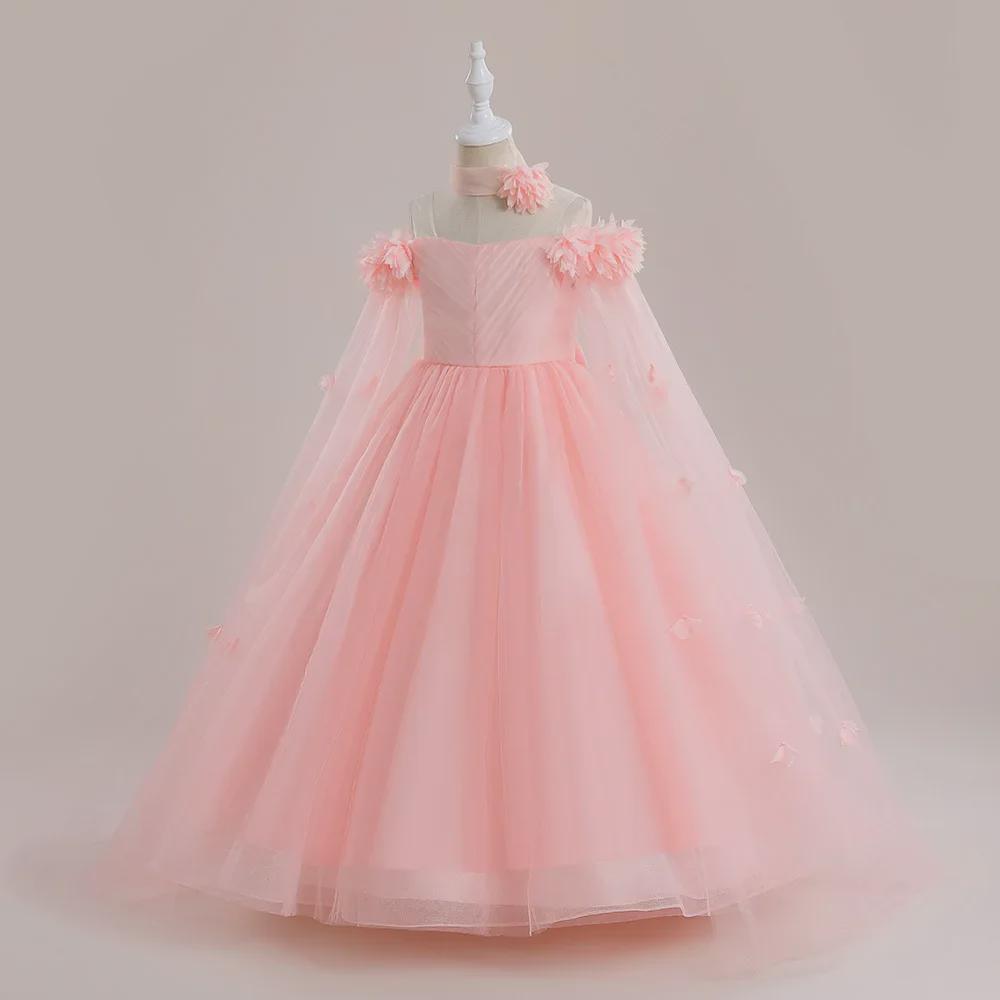 Off-Shoulder Princess Dress with Long Cape for European & American Girls - Fluffy Yarn Catwalk Costume
