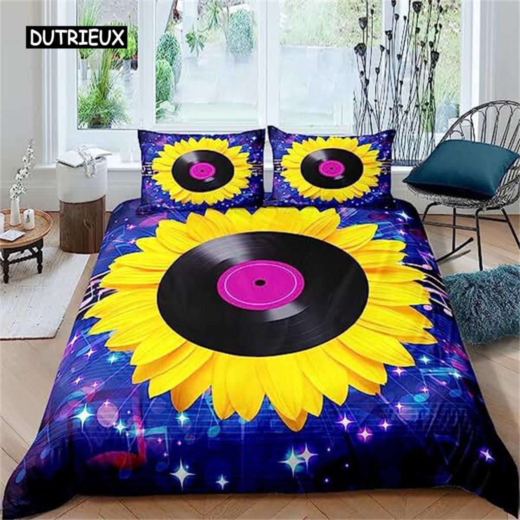 Set Biancheria da Letto Musicale Vintage Blues Copripiumino Dischi Chitarra Vecchia Scuola Copripiumino con 2 Federe Misura Queen Decorazione Stanza