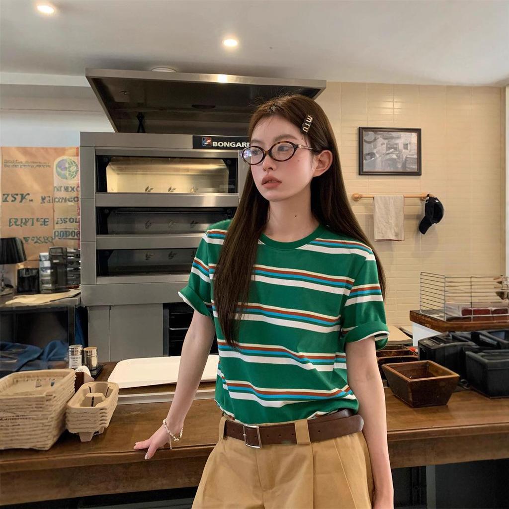 Women's Korean Style Green Striped Round Neck Short Sleeve T-Shirt - 2026 Summer Casual Loose Fit Retro Trend