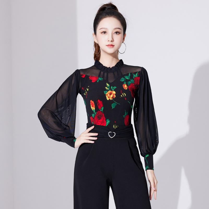 Women National Standard Dance Latin Sexy Mesh Top Women Spring Summer Ballroom Clothes for Women Exercise Clothing