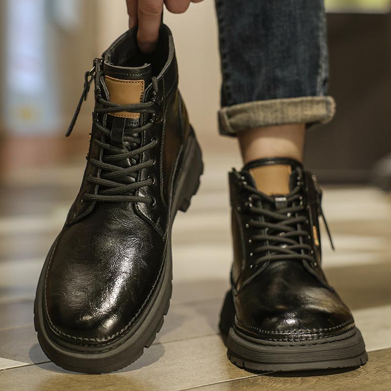 

Модная шнуровка, уличные мотоциклетные ботинки, новые дизайнерские винтажные ботинки для ходьбы, мужские, боковая молния, деловые, из натуральной кожи, мужские ботинки 44 чёрный