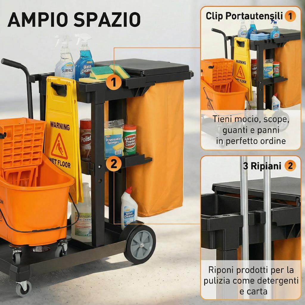 Cleaning Cart: Wheels, 3 Shelves, 70L Bag, Bucket with Wringer.