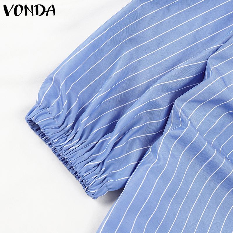VONDA Women Autumn V-Neck Striped 3/4 Sleeve Button Trim Shirts