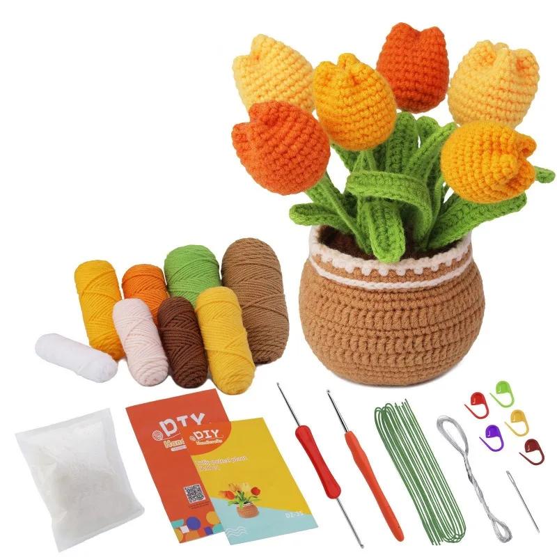 Crochet Kit for Beginner Sunflower Tulip Potted Plants Crochet Kit Beginner Crochet Starter Kit for Complete with Video Tutorial
