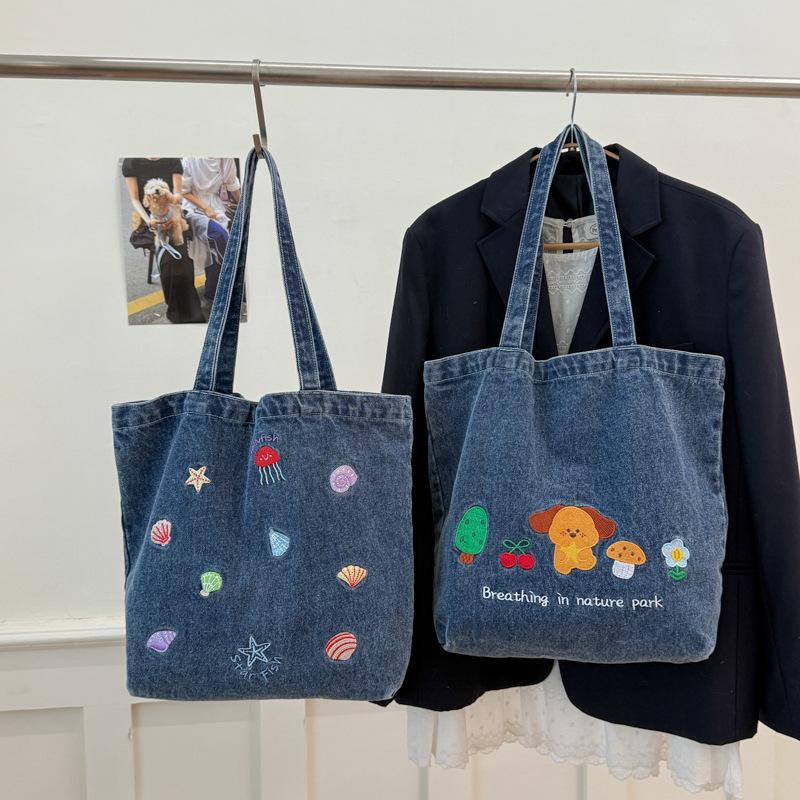 Retro Washed Denim Women's Shoulder Bags Cute Animal Embroidery College Girls Canvas Book Tote Bag Travel Shopping Handbags