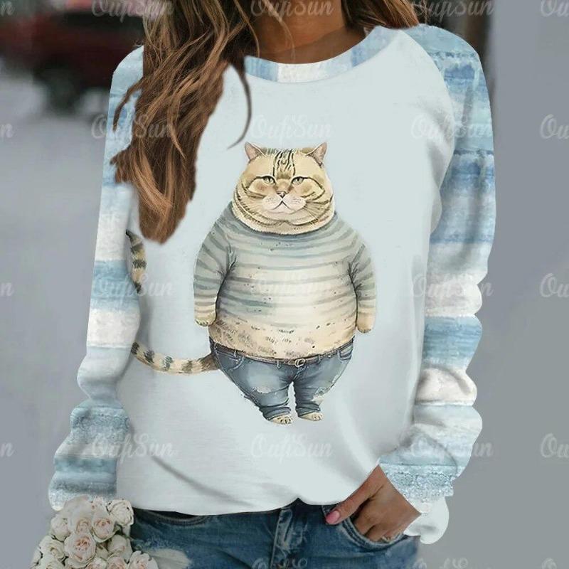 Mode Kawaii Katt Djur Tryck Långärmade T-shirts För Kvinnor Sweatshirts Dam Söt O-Hals Pullover Kvinna T-shirts Topp Kläder