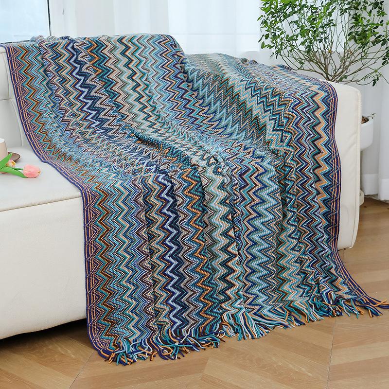 

Плед из трикотажного пледа в стиле бохо с кисточками - 100% полиэстер, декоративный полосатый плед с бахромой для дивана, кресла, домашний декор в стиле бохо-шик, диванное одеяло 127 * 180CM синий