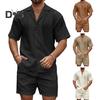 Conjunto de 2 peças de roupa de verão masculina, lapela, manga curta, botões, camisa, cintura elástica, shorts, conjunto de agasalho de cor sólida