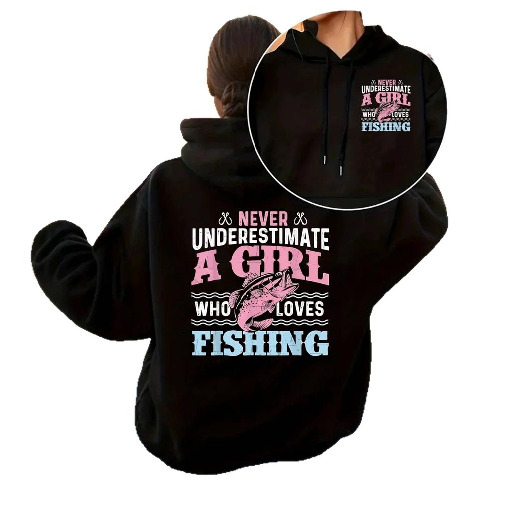 Retro Fishing Girl Slogan Printed Hooded Sweater Boys and Girls Outdoor Fishing Long Sleeve Bottom Shirt