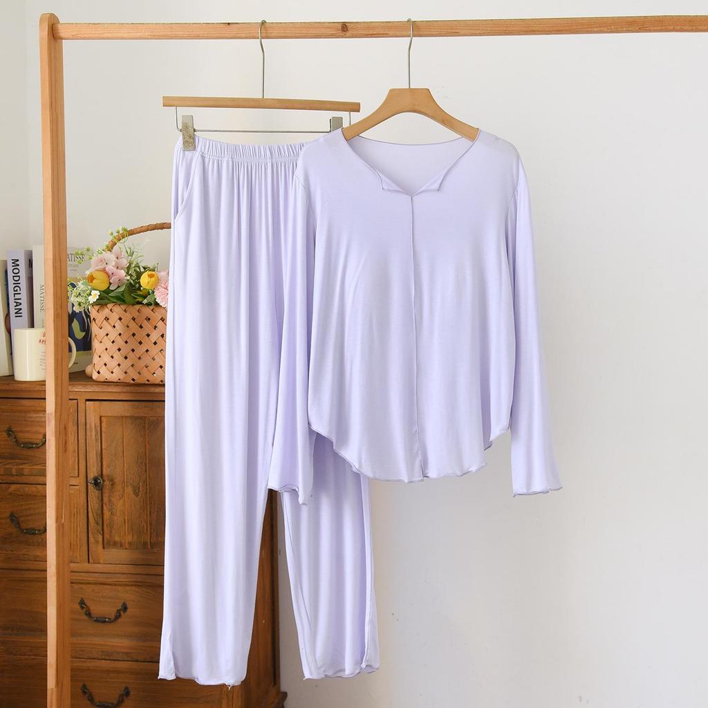 Women's Spring/Autumn Modal Pajama Set: Padded Cup, Long Sleeve, Long Pants, Side Pocket, Loose Fit - Wear Indoors or Out.