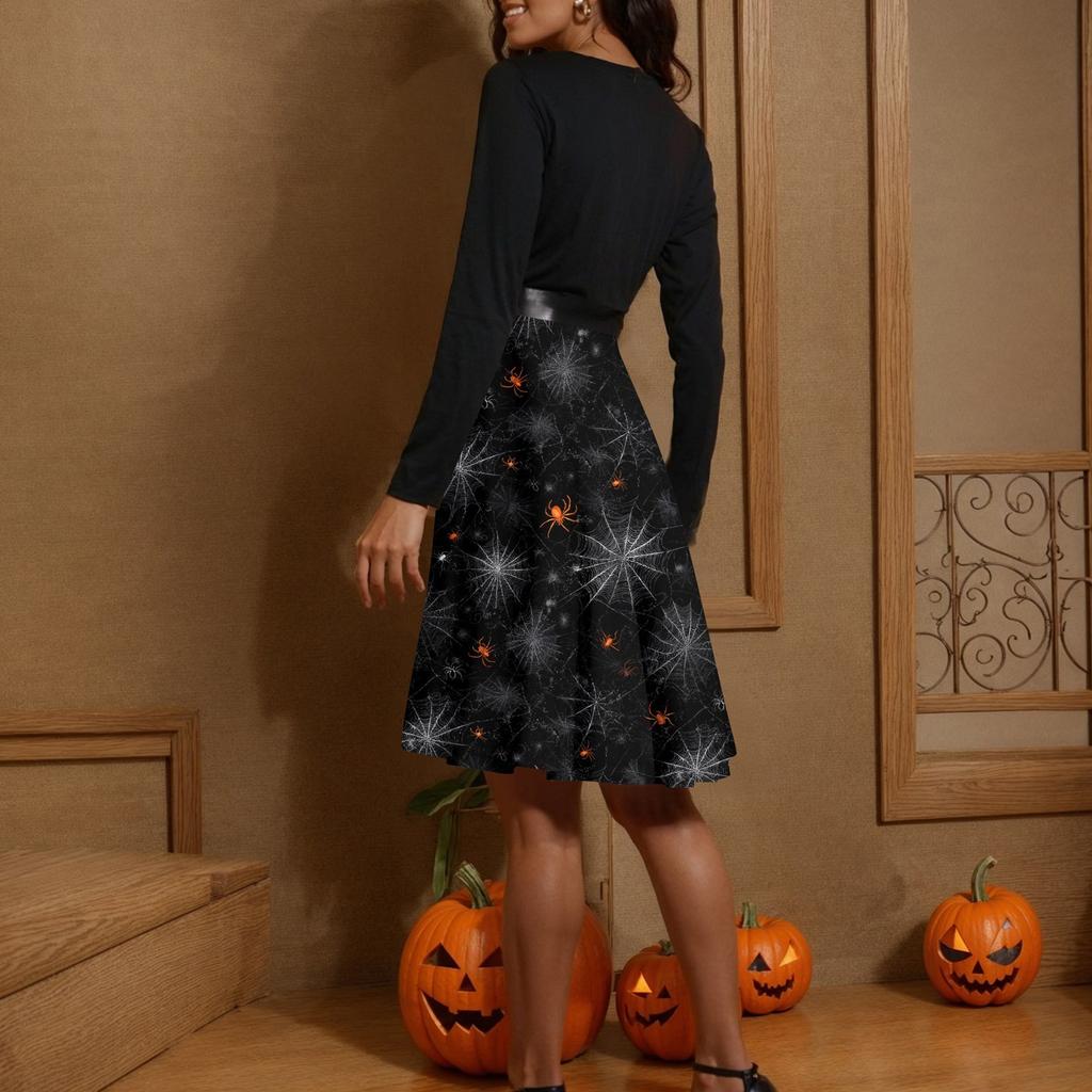Women's Casual Fashion Long Sleeve Halloween Graphic Printed Vintage Long Dresses