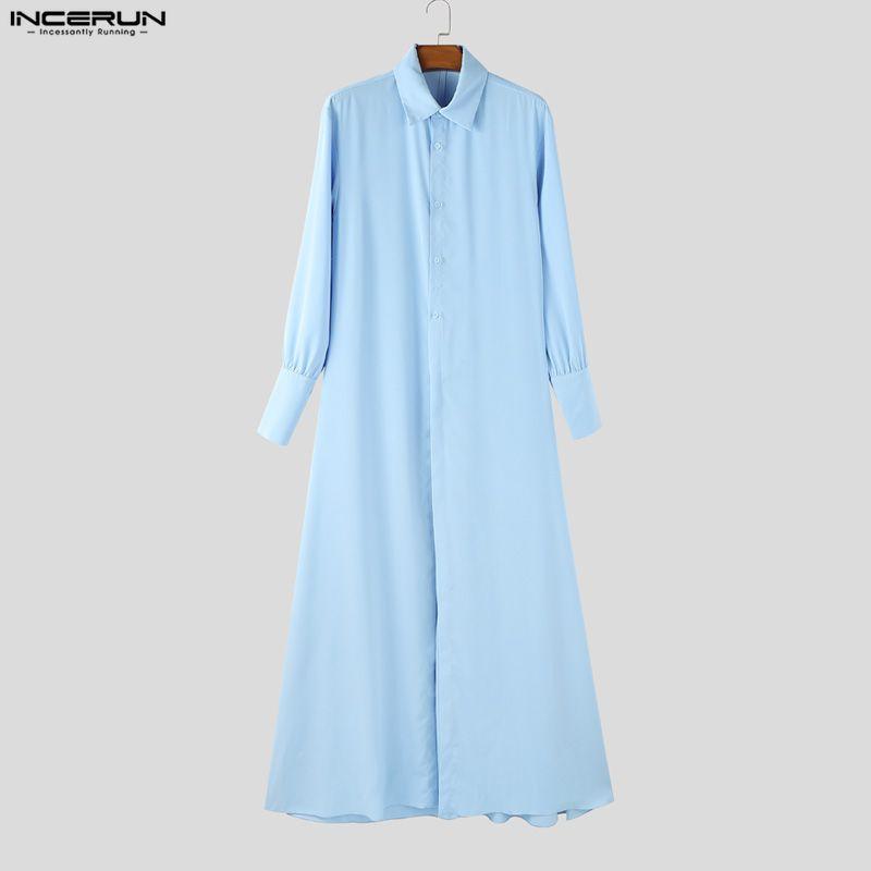 INCERUN Men Lapel Neck Long Sleeve Button Up Casual Long Shirts Tops
