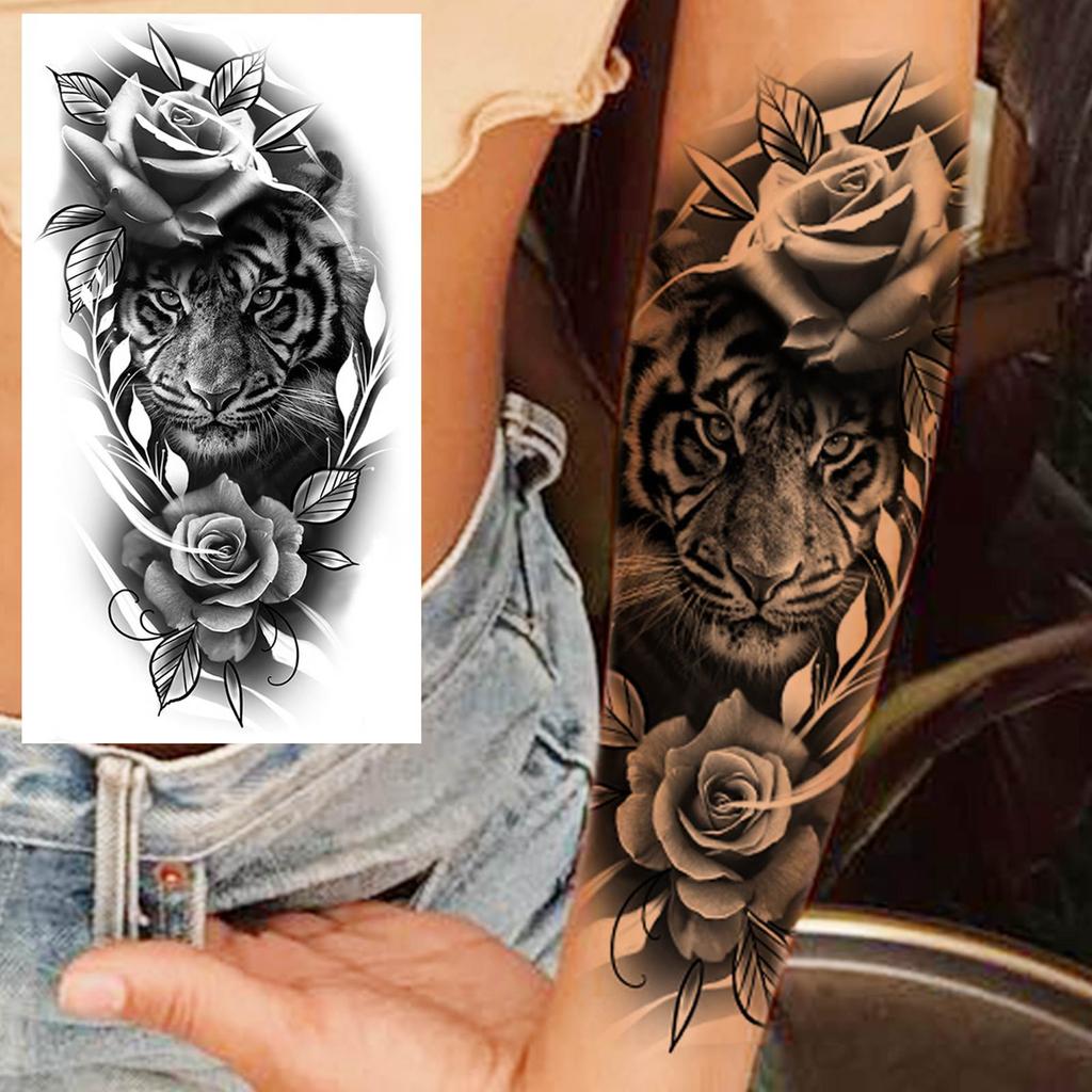 1 Sheet Lion Wolf Skeleton Nun Tiger Black Temporary Tattoos For Men Adult Leg Arm Compass Flower Fake Tattoo Sticker Waterproof