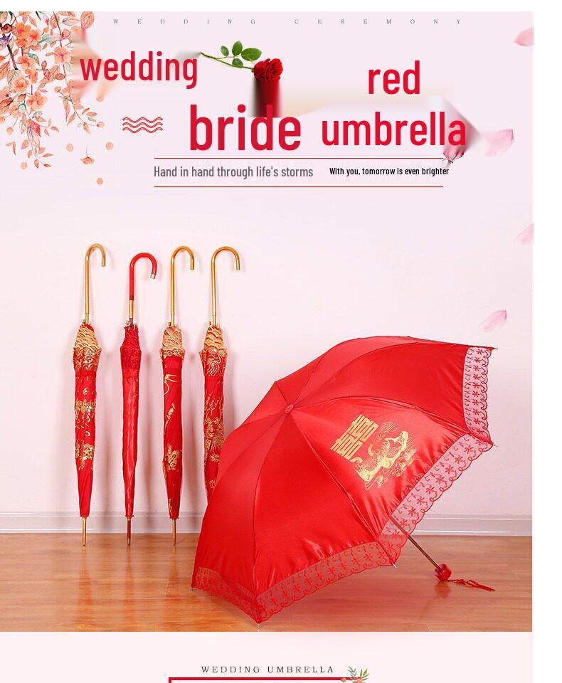 Elegance Red Wedding Lace Umbrella: Long Handle, Sun & Rain Protection for Brides