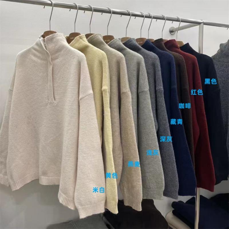 Design sense stand collar half zipper sweater women's autumn and winter new loose thick simple pullover knitted sweater top