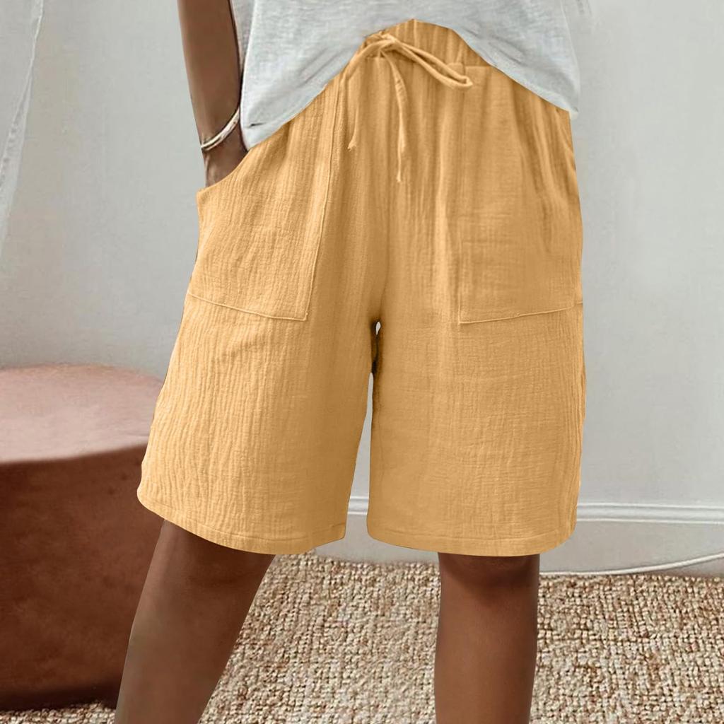 Women's Fashion Cotton-Linen Blend Pocket Elastic Waist Loose-Fit Casual Cropped Pants