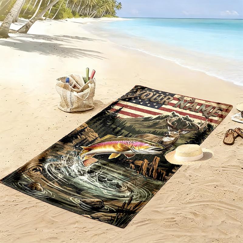 Name Custom Bass Fishing Print Beach Towel, Large Soft Quick Dry Towel for Beach Camping Swimming