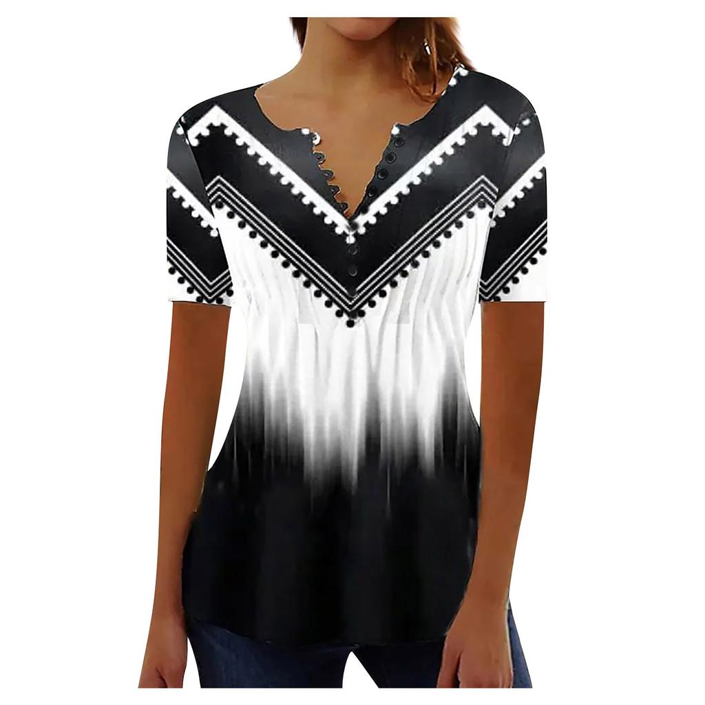Damen Hemdbluse Knopf Vintage Farbverlaufsdruck Kurzarm Casual Basic Top Pullover