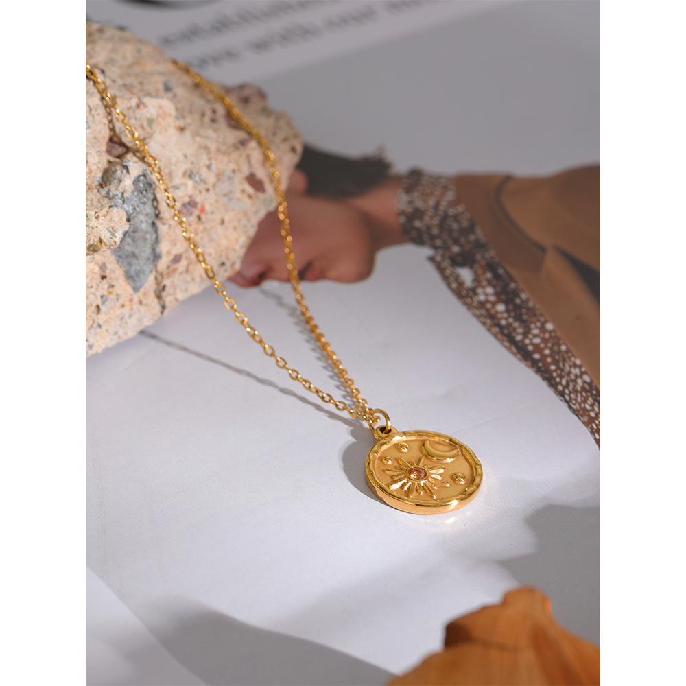 Yhpup Fashion Celestial Moon Sun Delicate Round Pendant Stainless Steel Necklace 18k Gold Plated Chain Trendy Charm Chic Jewelry