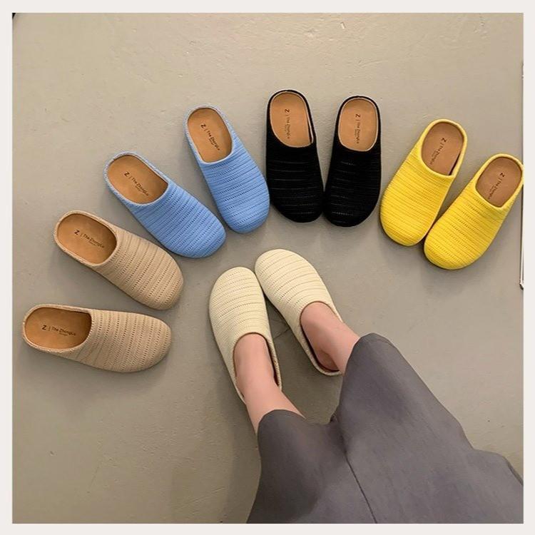 Retro Niche Woven Bag Head Half Slippers Women's Outer Wear Summer Lazy One Pedal Comfortable Soft Sole Square Head Muller Shoes