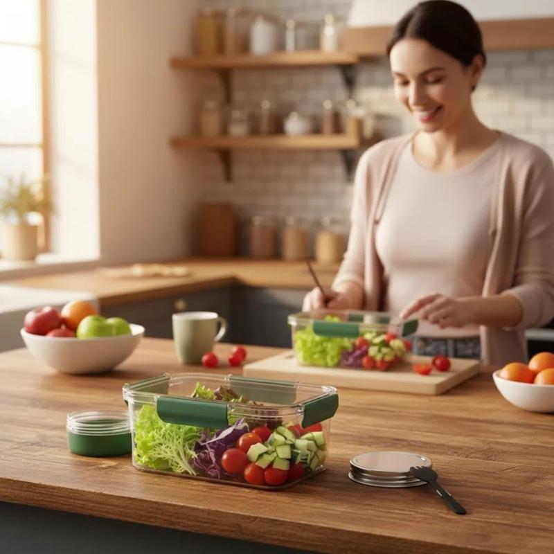 Plastik-Salatschüssel mit auslaufsicherem Soßenbehälter, leicht zu reinigende Konstruktion, Lebensmittelaufbewahrungsbox für den täglichen Gebrauch