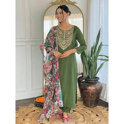 Women's Rayon Embroidered Straight Kurta with Pant and Dupatta Sets (Available In Plus Size)