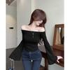Autumn One Shoulder Large Trumpet Sleeves Ice Silk Sunscreen Sweater Women Showing Clavicle Thin Long-sleeved T-shirt Top