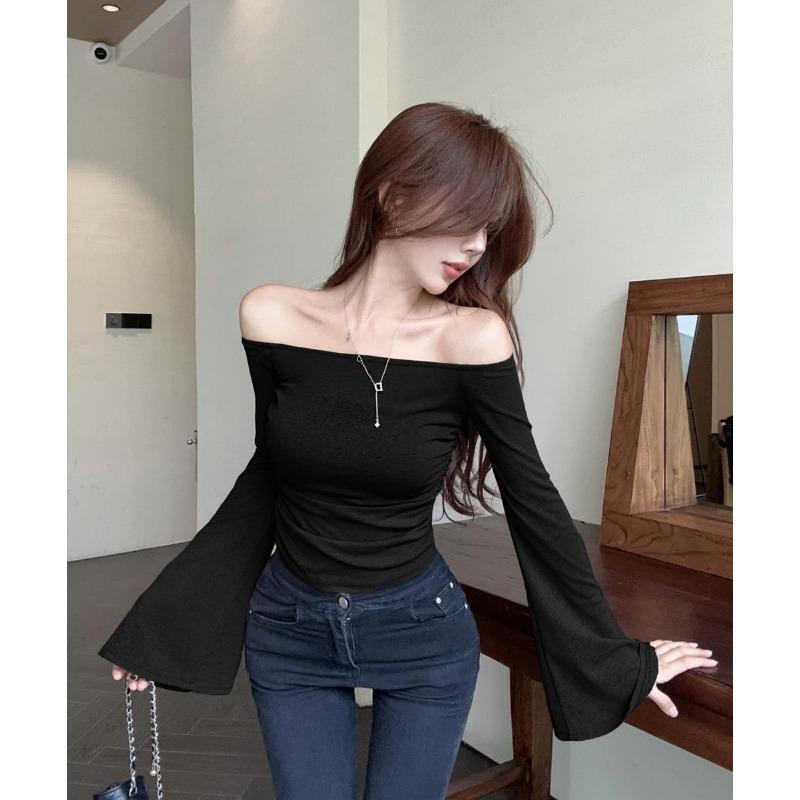 Autumn One Shoulder Large Trumpet Sleeves Ice Silk Sunscreen Sweater Women Showing Clavicle Thin Long-sleeved T-shirt Top