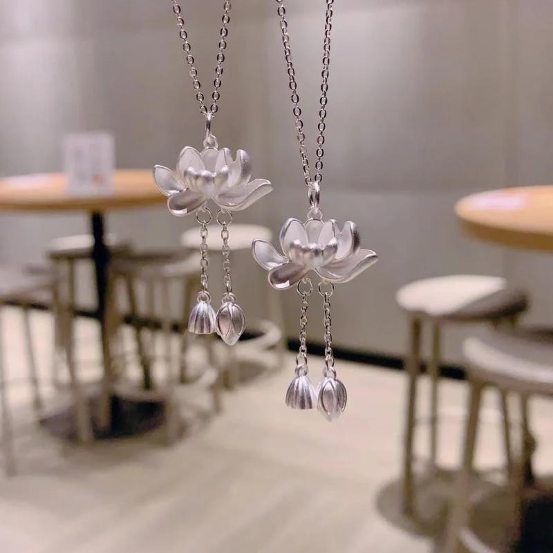 S925 Sterling Silver Two Lives Lotus Necklace - Women's National Style Fashion Clavicle Chain