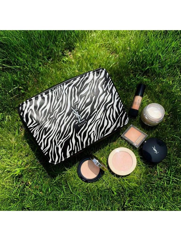 YSL Makeup Bag, Featuring a Zebra Print Design and Zipper Closure, Suitable for Everyday Use, Work, Travel, and School.