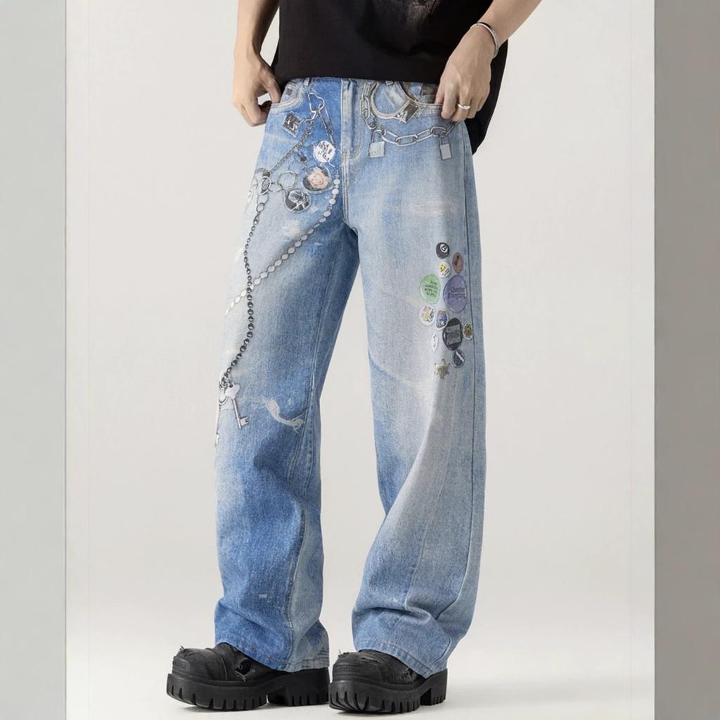 American Trend D Digital Jeans Boys Loose Big Straight Wide Leg Mopping Floor Casual Denim Pants