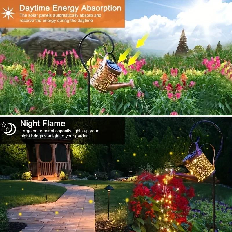 Solar Watering Can Light Retro Metal Lantern Outdoor Waterproof Shower Lights Hanging Star LED Fairy for Garden Decoration Pond