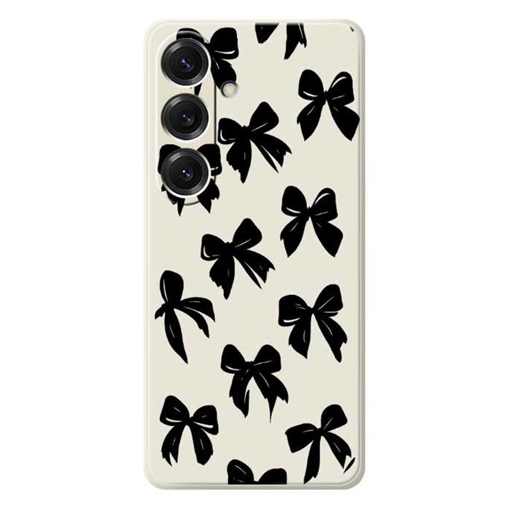 

For Samsung Galaxy S25 Case Black Bow Pattern Printing Straight Edge TPU Phone Back Cover Beige