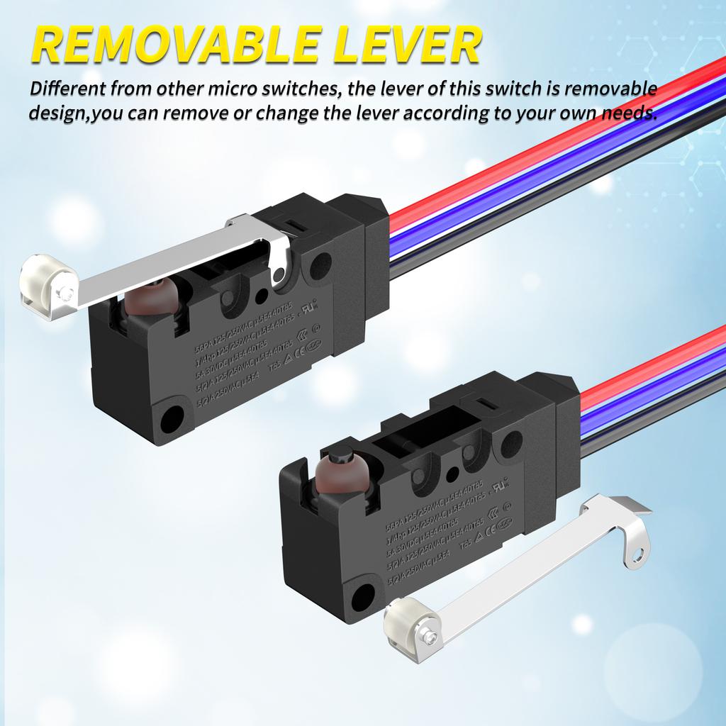2PCS Waterproof Micro Limit Switch with Long Straight Roller Lever SPDT 3 PIN Pre-wired 10A 125 250V Micorswitch for Electronic