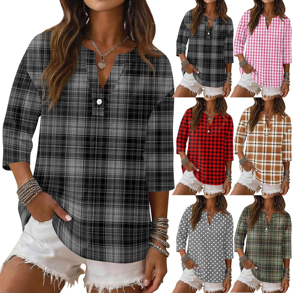 Women Casual Polka Dot Print V Neck Button Front Three Quarter Sleeve Linen Blend Blouse Lightweight Loose Fit Top for Daily Wear