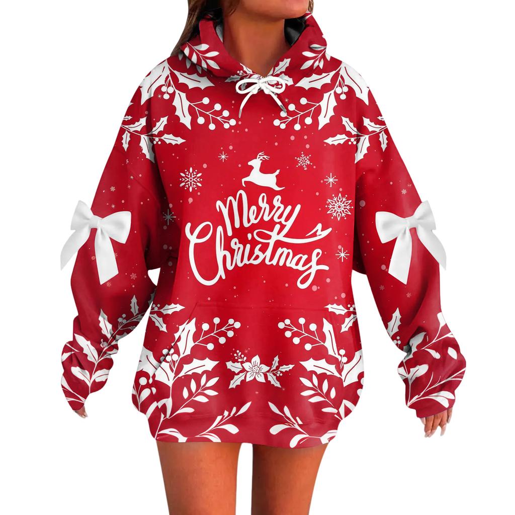 Ladies' Christmas Printed Bow Long Sleeved Loose Fitting Headband With Rope Hooded Sweatshirt Top