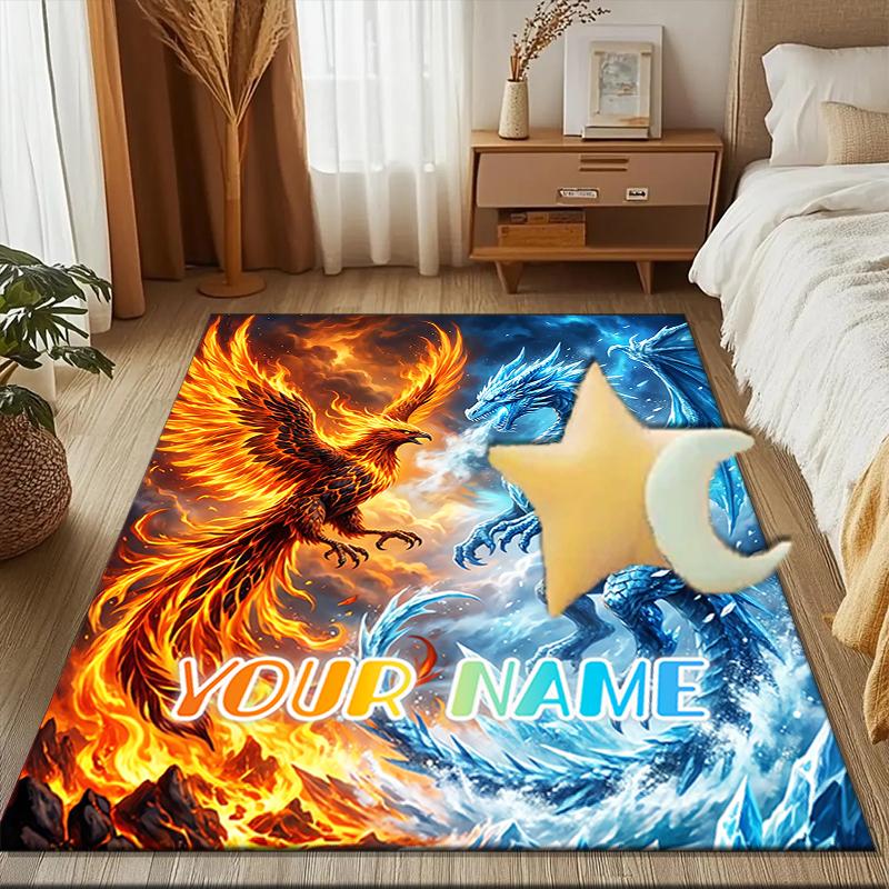 1PC Custom Name Fire Ice Fantasy Theme Floor Mat Ideal for Living Room, Game Rooms, Office, Bedroom,Floor Mat Playful Design