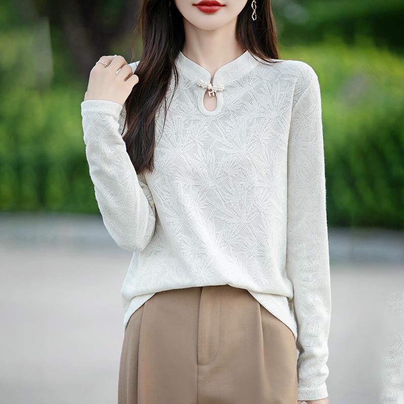 Podzimní a zimní nový čínský pletený top s knoflíky, dámské topy, měkké retro spodní tričko