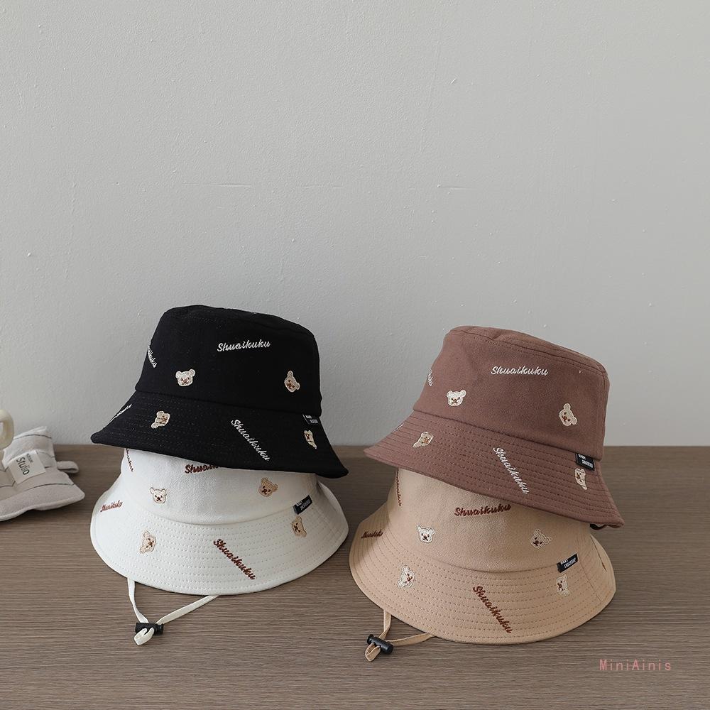 Kids Bucket Hat 52cm 2-6 Years Cartoon Bear Children Fisherman Hat Cotton Outdoor Sun Cap Letter Print New for Boys Girls