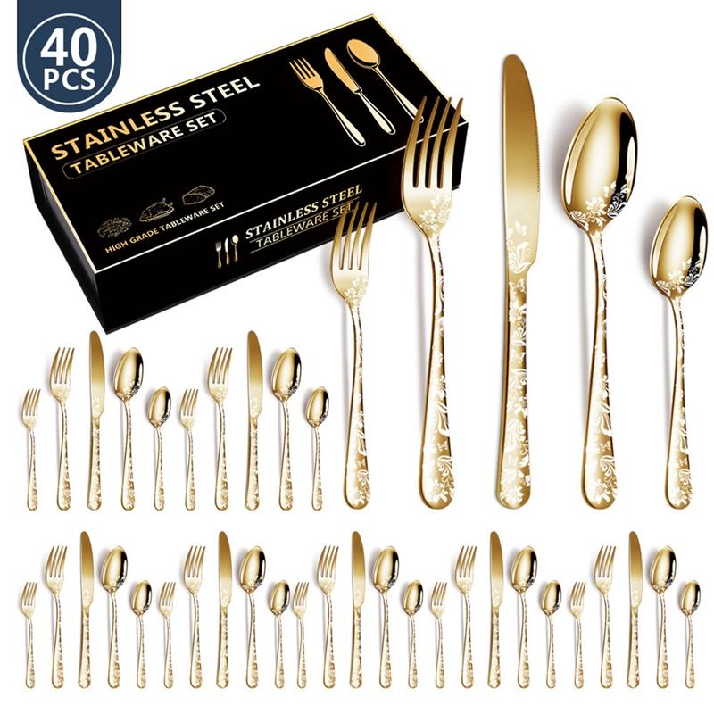 40Pcs Laser Christmas Pattern Flatware Set Stainless Steel Dinnerware Cutlery Set Black Knife Fork Kitchen Tableware Set New
