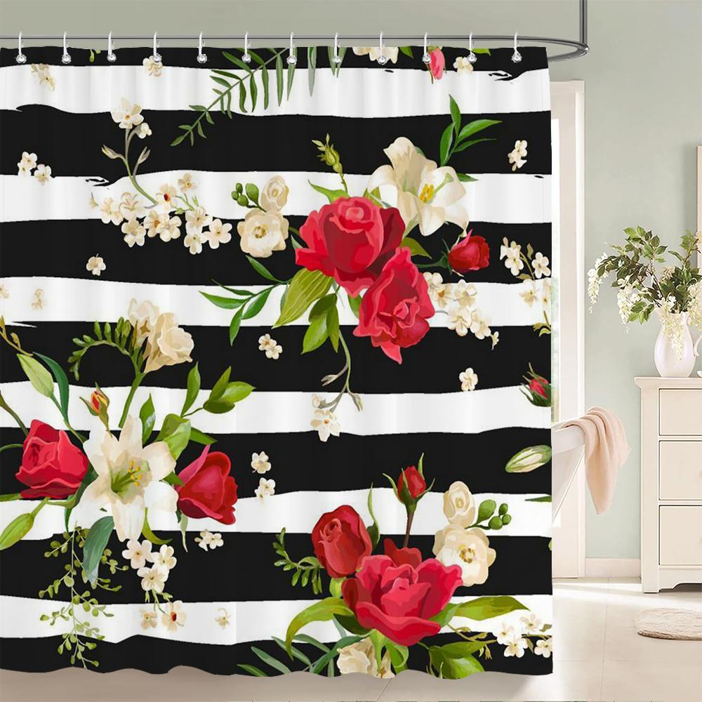 

Flowers Plant Bath Curtain Waterproof Fabric Shower Curtains Leaves Funny Animals Printing Bathroom Screen Decoration with Hooks W90xH180cm