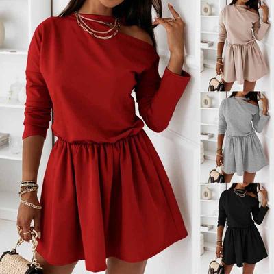 Women Fashion Long Sleeve Solid Color Collect Waist Casual  Mini Dress