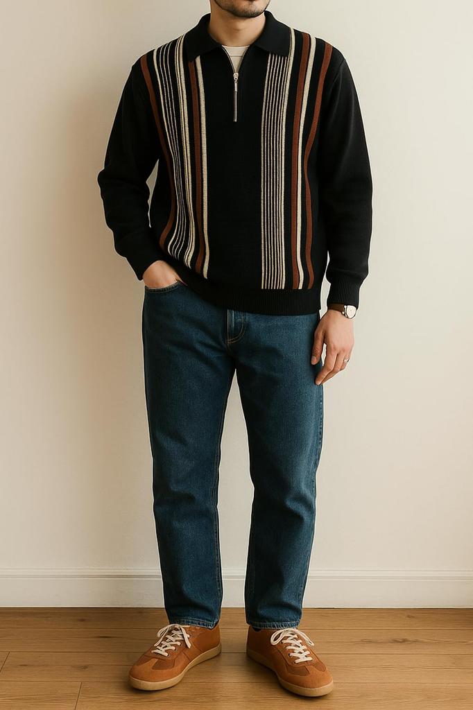 [CHANGE WELL] Men's 2025AW American Casual Fashion Autumn Clothing Color Block Design Long Sleeve Knit Half Zipper Striped Polo Shirt (WHITE, XL)