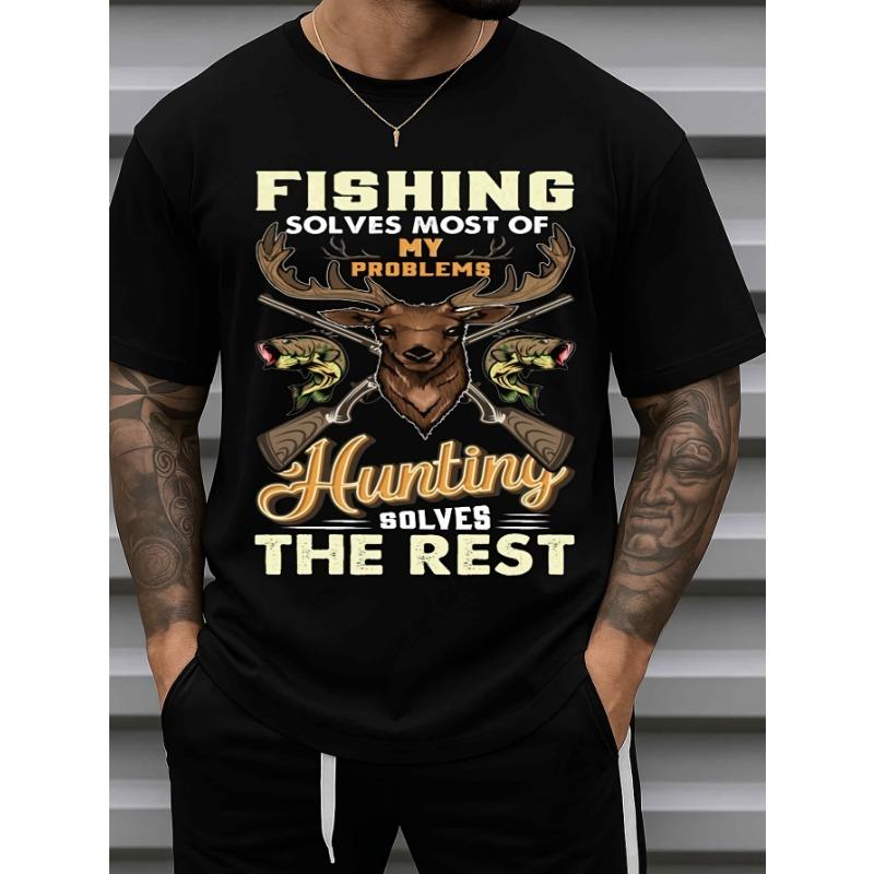 

Men s Fishing Graphic T-Shirt - Fishing Solves Most Problems Slogan with Fish & Hook Design - Heavyweight Black Casual Streetwear Tee for Outdoor S чёрный