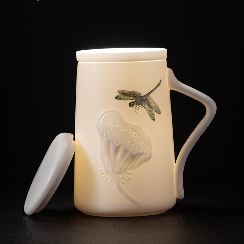 Mug with Lid Large Capacity Letter Creative Ceramic Water Cup Tea Cup Office Cup Customized Mutton Fat Jade Overglazed Color