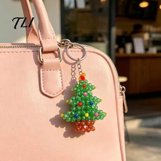 DIY Holiday Ornament Kit Christmas Tree Keychain, Faux Crystal Beaded Xmas Pendant, Creative Festive Making 3D Key Ring Charm Accessory for Home Decor