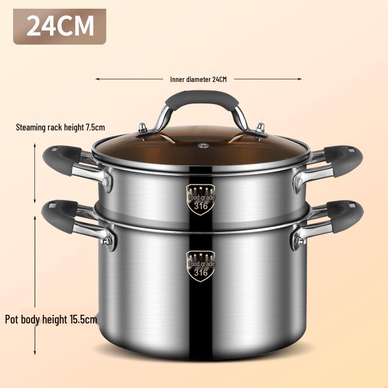Extra-High 316L Stainless Steel Steamer Pot, Rivet-Free, Anti-Scald, Large Capacity for Porridge/Soup