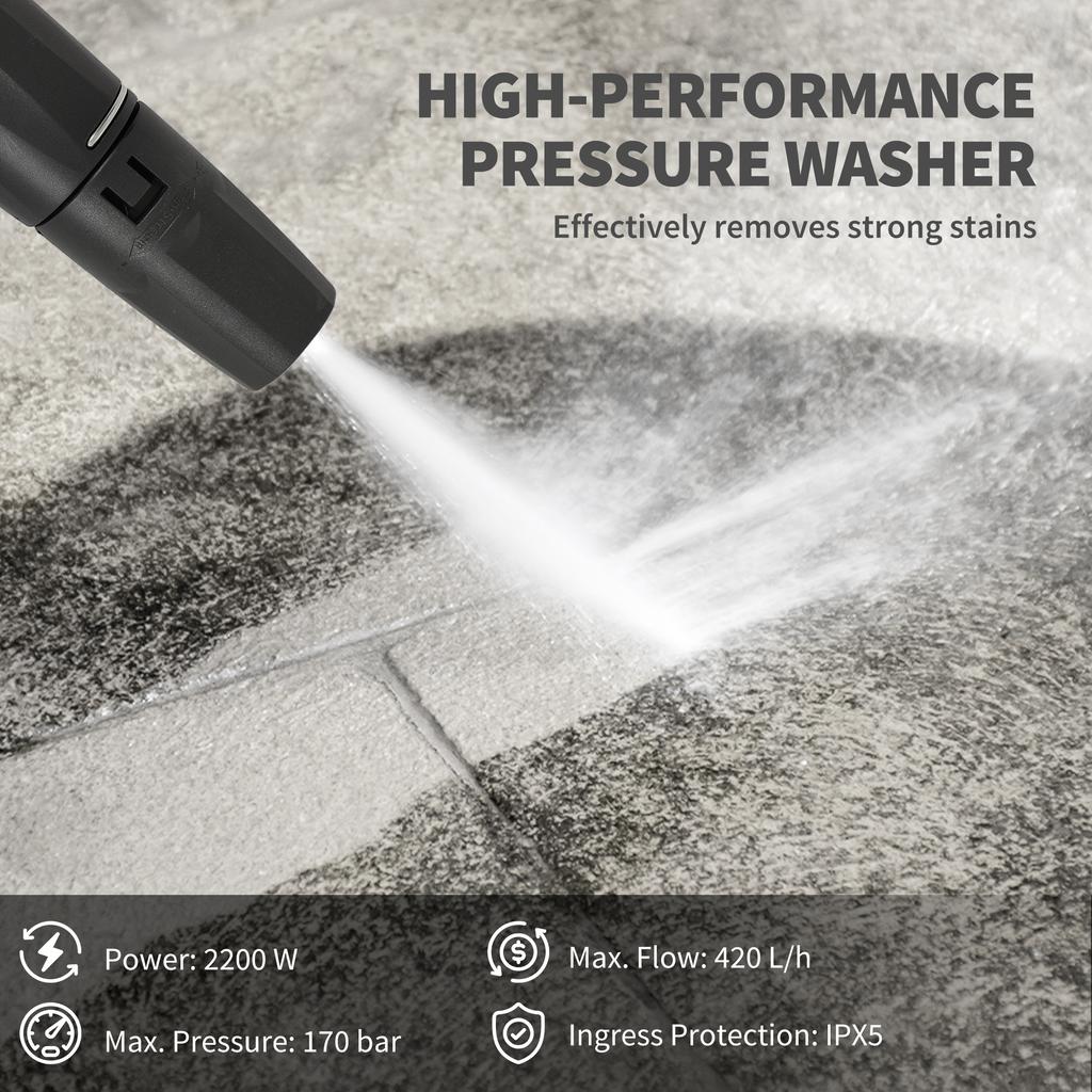 2200W High Pressure Washer, 170 Bar Pressure Washer with Adjustable Nozzle and 6M Hose, 32W X 32D X 80H Cm Blue