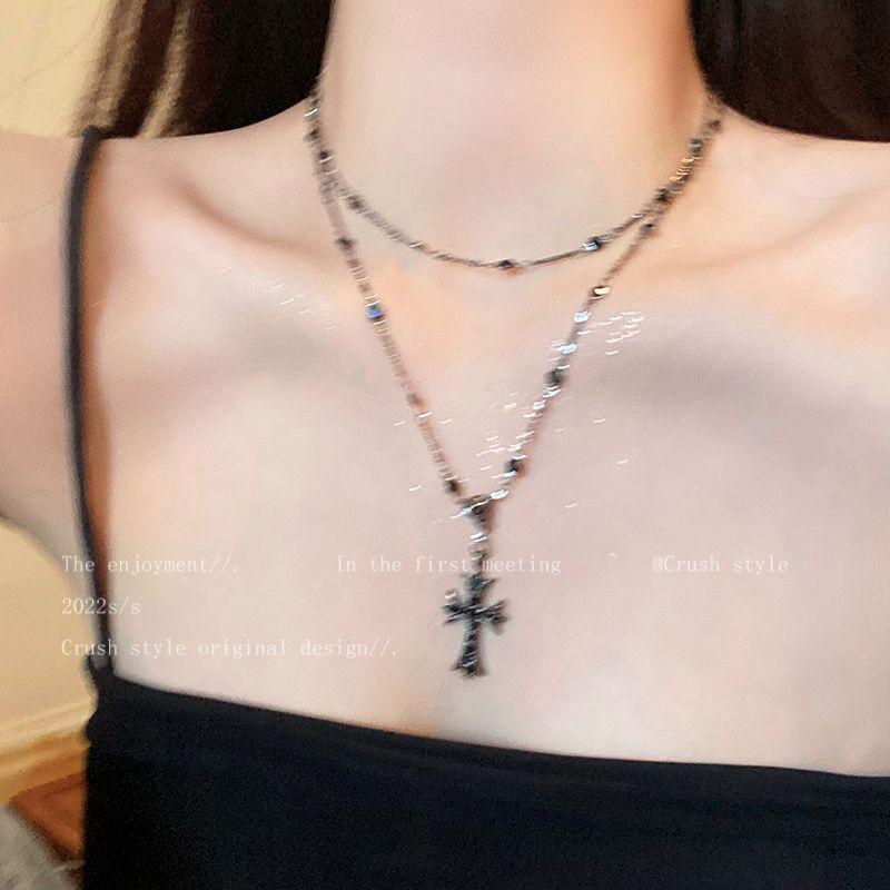 Double-layer stacked pearl cross necklace women's autumn and winter long sweater chain retro niche design clavicle chain